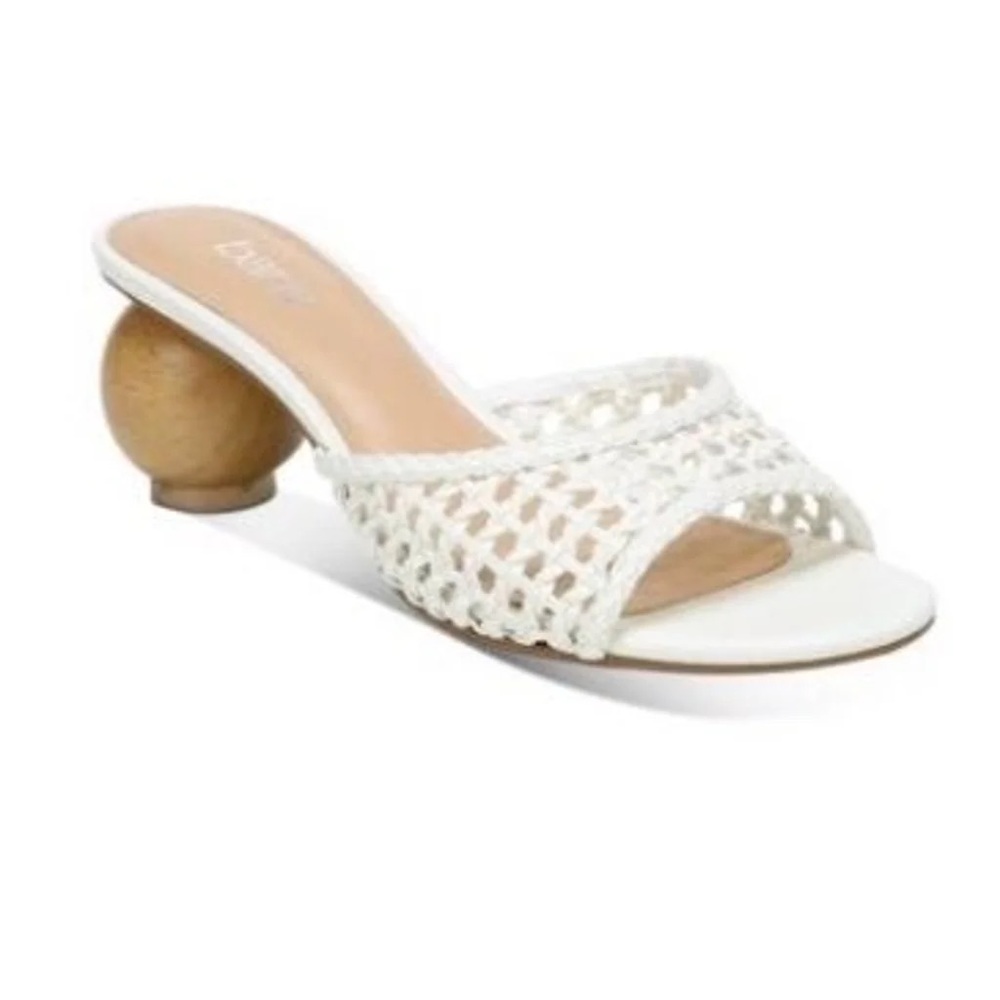 Bar III white sandal with a wooden ball heel